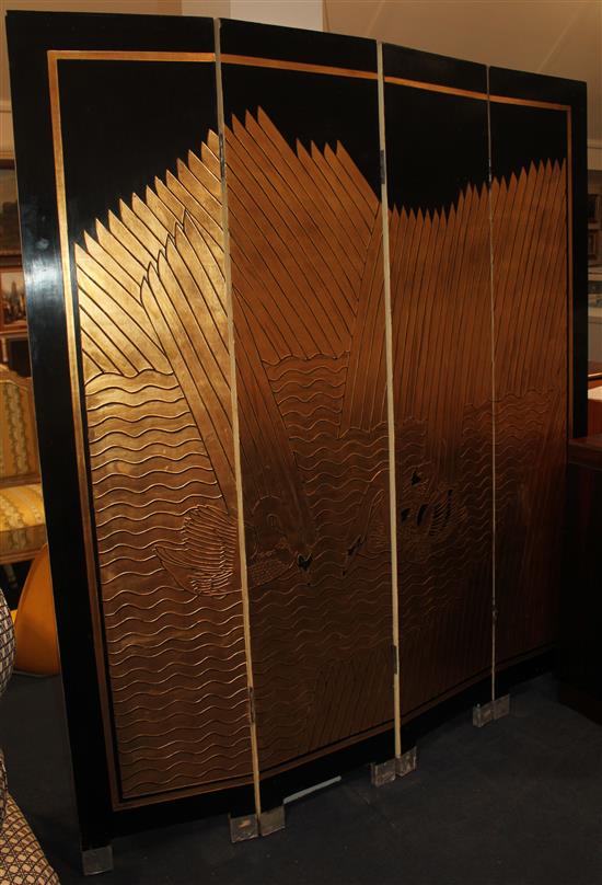 A 20th century black lacquered and part gilded four fold screen, H.6ft 6in.